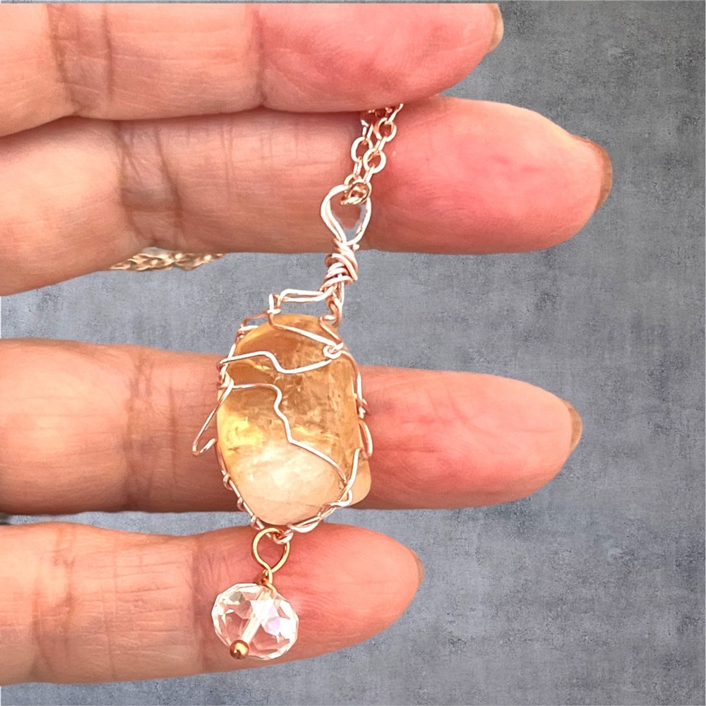 Rose gold plated quartz stone pendant wire wrapped
